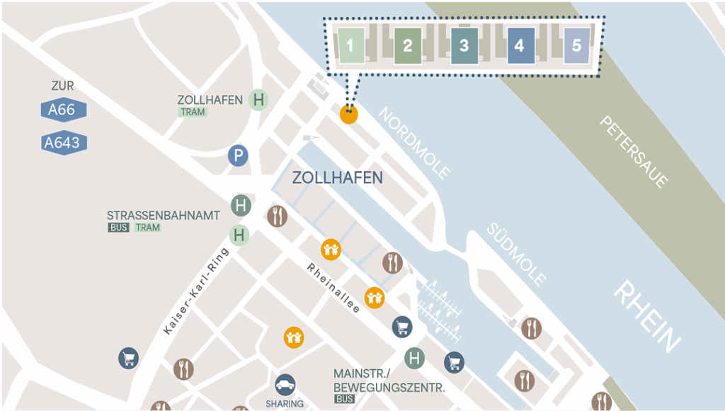 Ein Kartenausschnitt des Zollhafens und der Nordmole auf der die Position der neuen Wohnungen sichtbar sind.